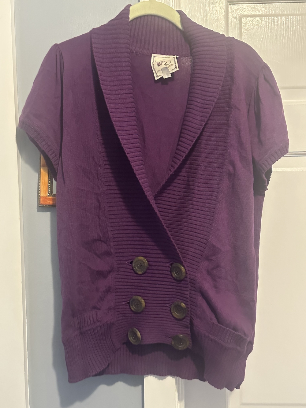 Pink Rose Purple Short-Sleeve Double-Breasted Shawl Collar Cardigan 2X
